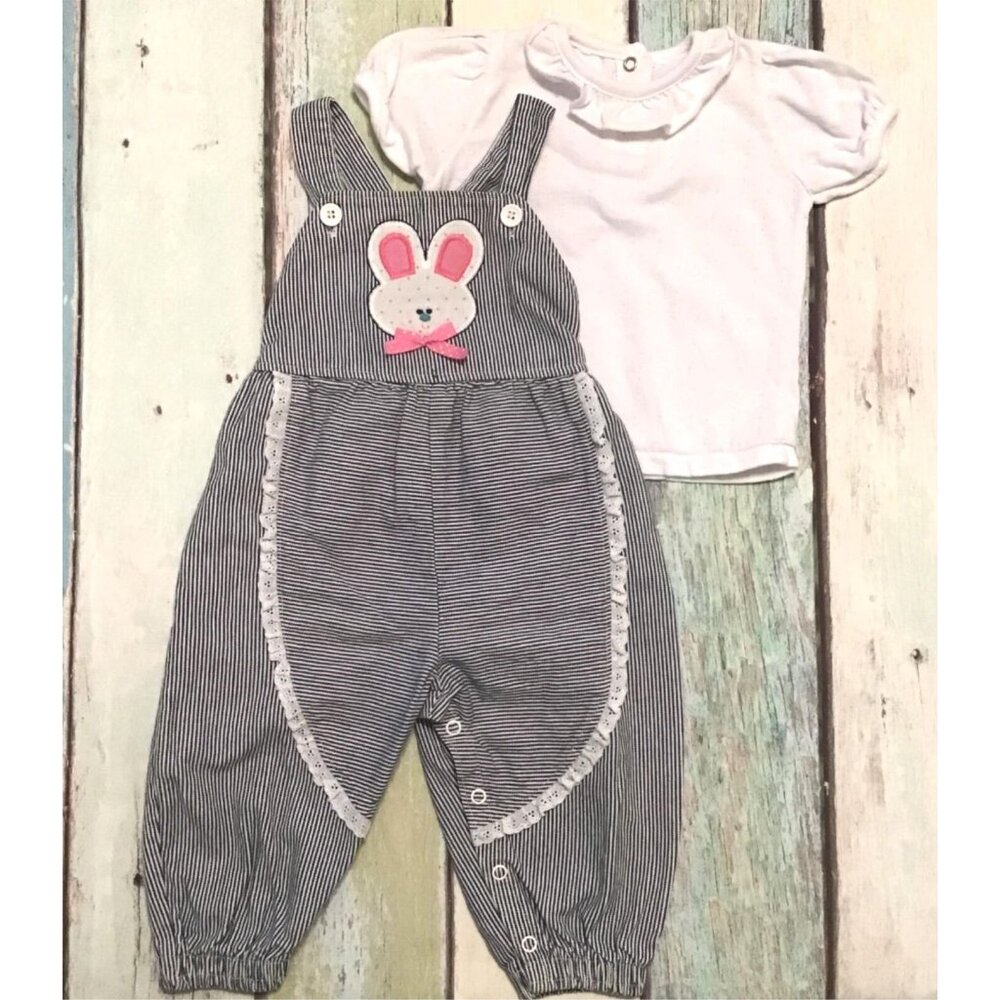 Buster Brown Bunny Overalls Girls Size 12 Mos Blue Striped Rabbit Vintage Outfit